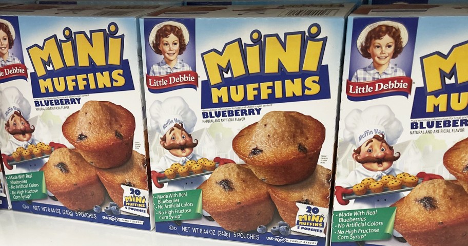 boxes of Little Debbie Blueberry Mini Muffins on store shelf