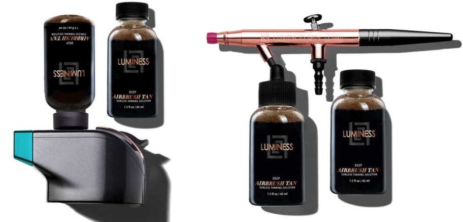 two airbrush tanning device upgrade kits with bottles of sunless tanner