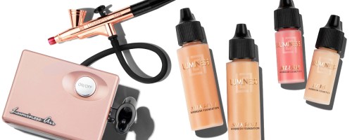 airbrush machine and bottles of foundation, blush, and highlighter