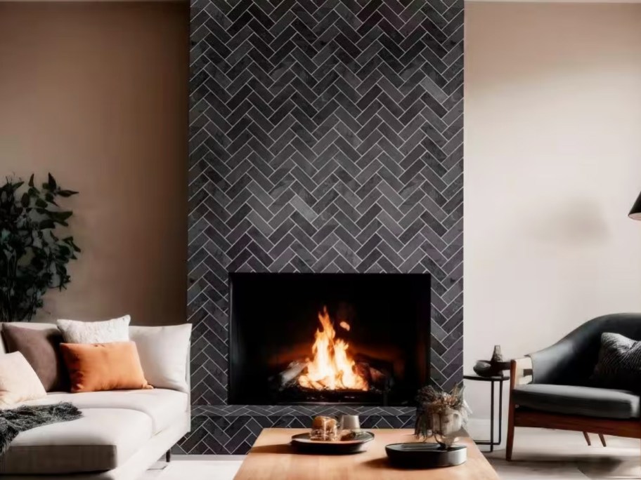 fireplace covered with black tiles