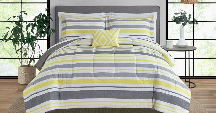 Mainstays Grey and Yellow Stripe 8-Piece Bed in a Bag Comforter Set in Queen