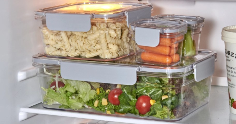 mainstays tritan plastic food storage set on fridge shelf with food