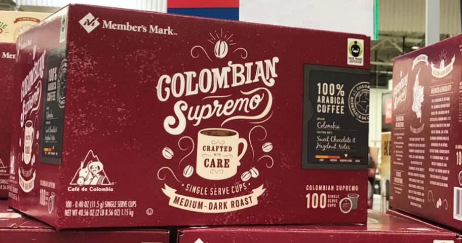 large red box of Member's Mark Colombian Supremo Coffee Pods