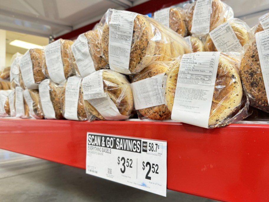 6-count packs of bagels on display table at sam's club with scan & go price tag
