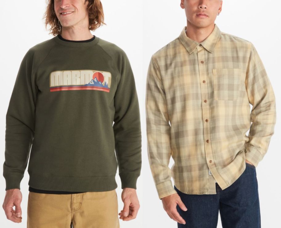 a male model wearing an army green graphic sweatshirt and a male model wearing a tan plaid flannel shirt