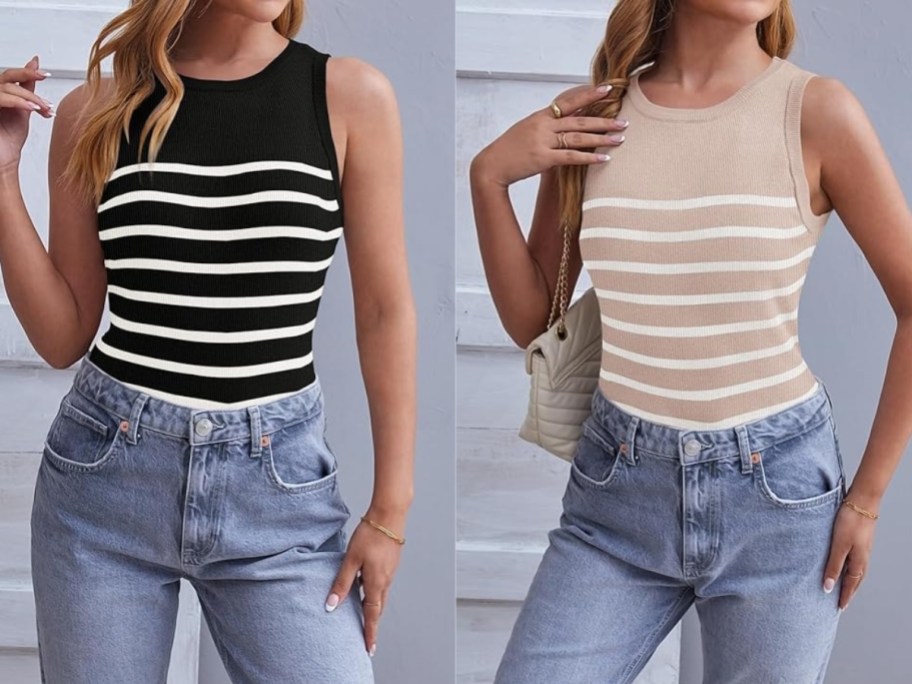 women wearing different color striped tank tops and jeans