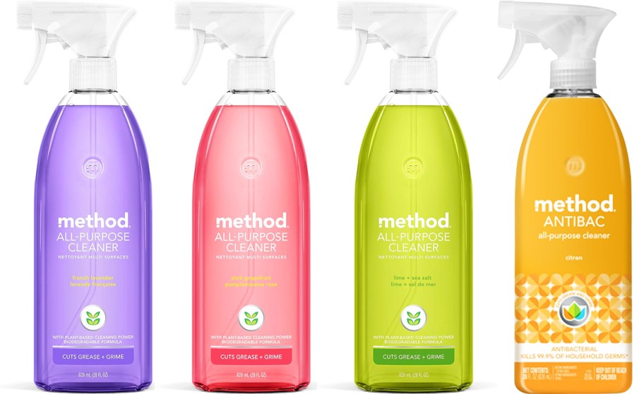 purple, pink, green, and orange bottles of Method All-Purpose Cleaner Spray