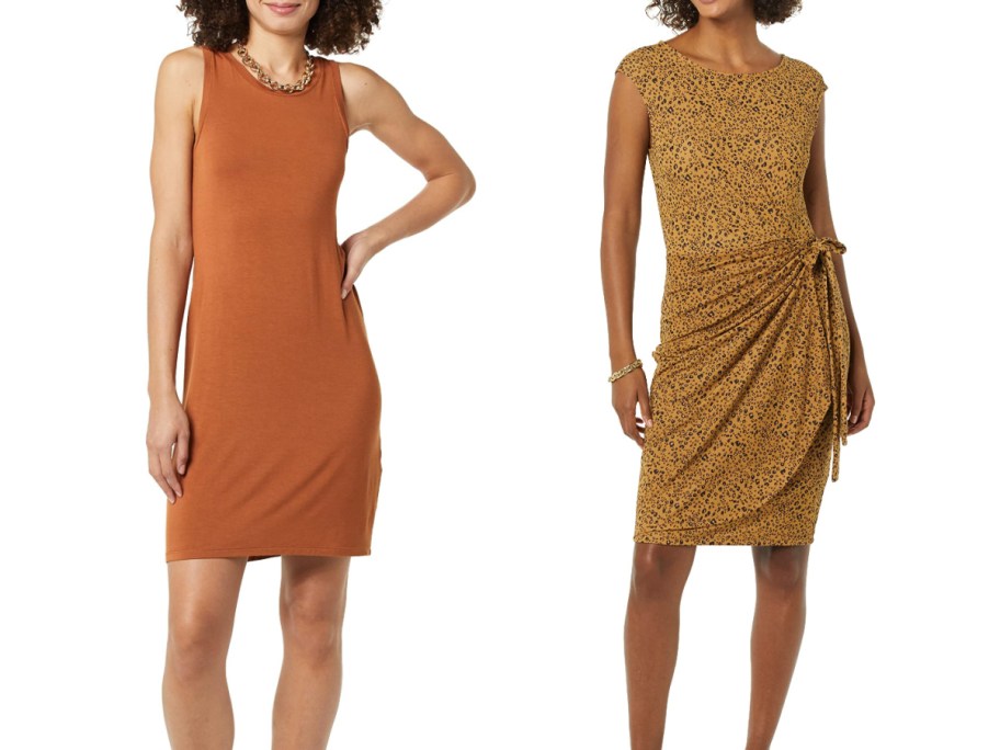 Models wearing amazon dresses in burnt orange and mustard