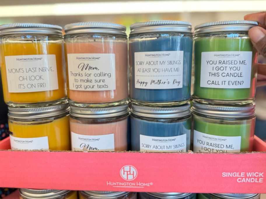 Mom single wick candle displayed at ALDIs