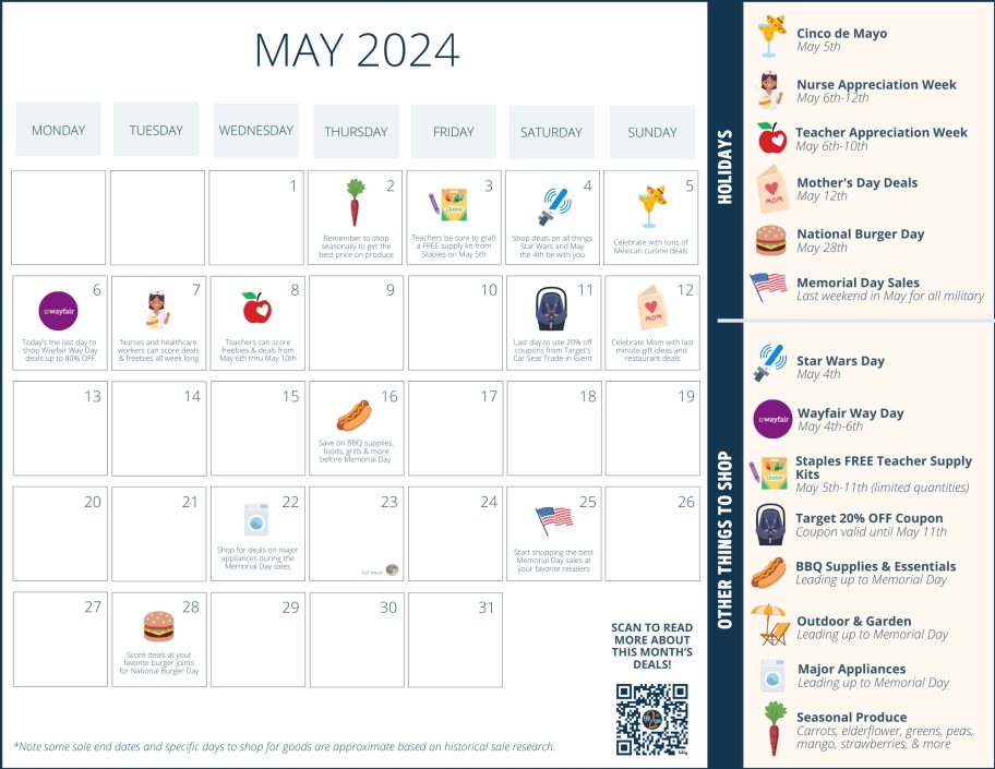 may sales and deals calendar printable graphic