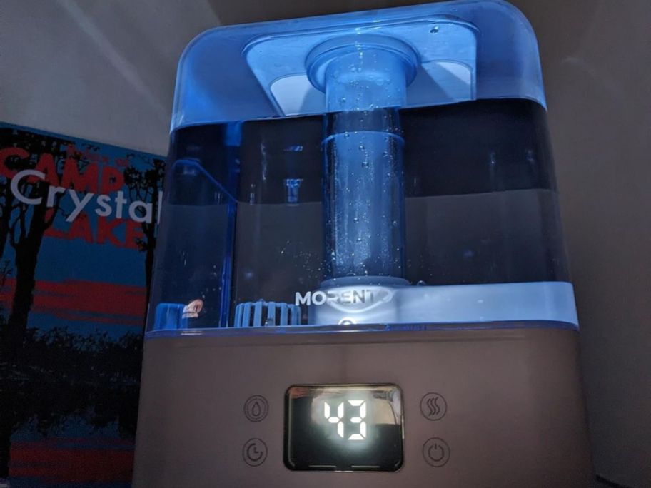 A Morento Humidifier in the dark with the night light on