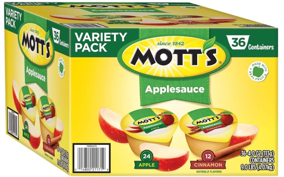a 36 count box of motts applesauce cups on a white background