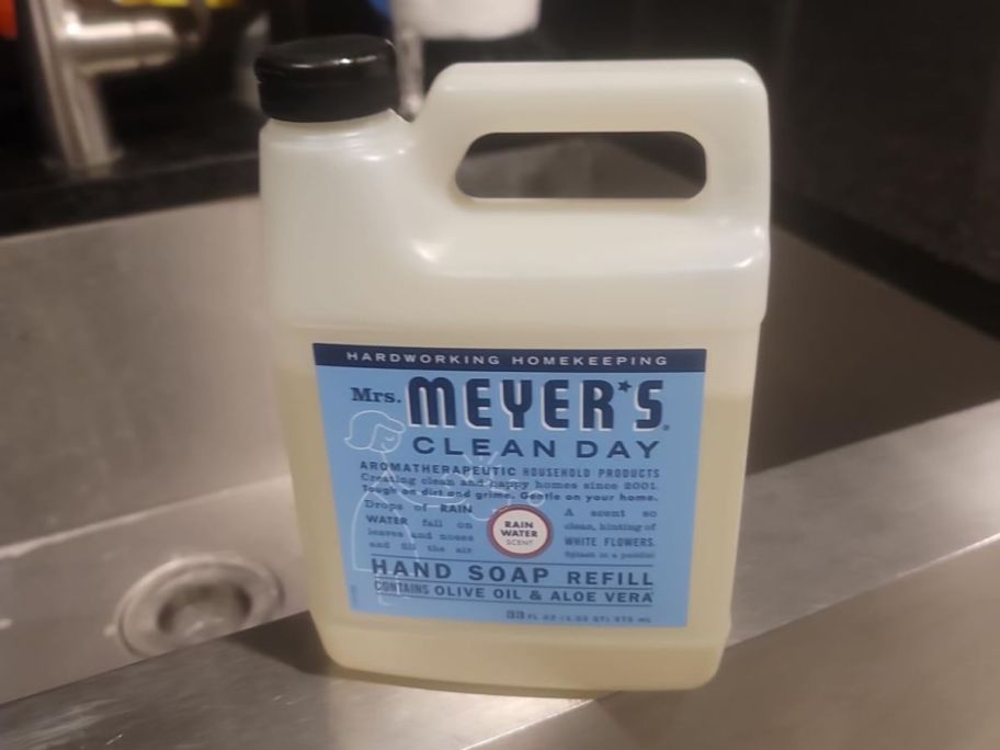 Mrs. Meyer's Clean Day Soap Refill in Rain Water on a sink