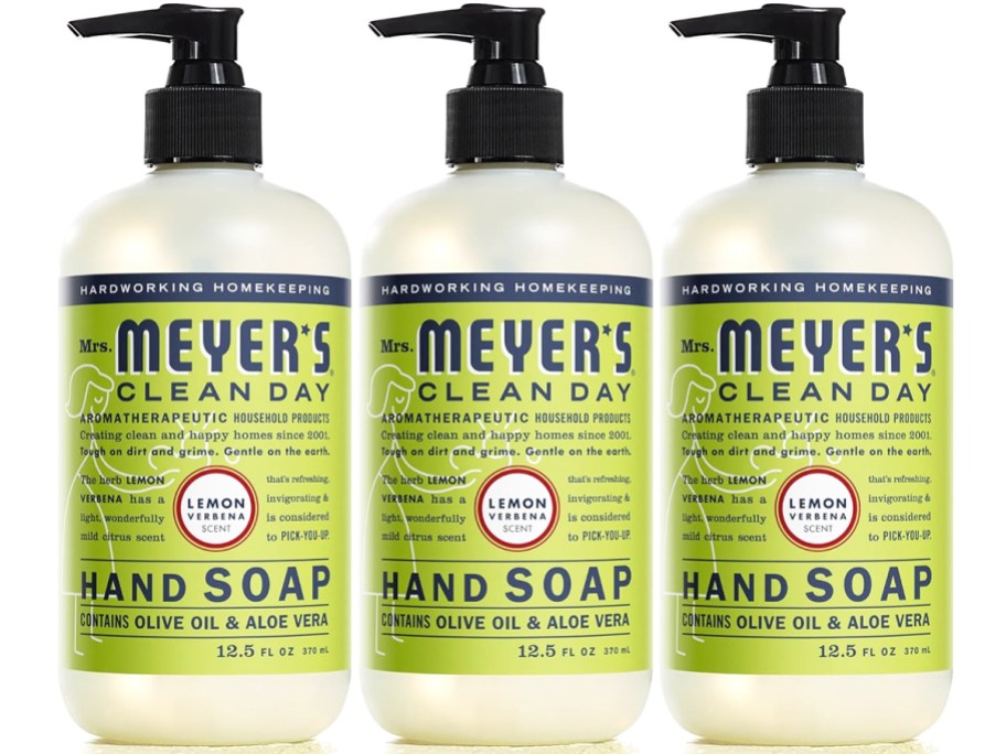three green bottles of Mrs. Meyer's Hand Soap in Lemon Verbena Scent