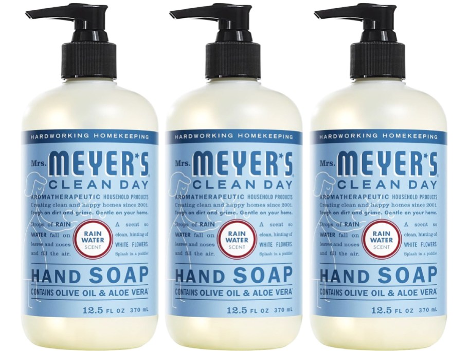 three blue bottles of Mrs. Meyer's Hand Soap in Rain Water Scent