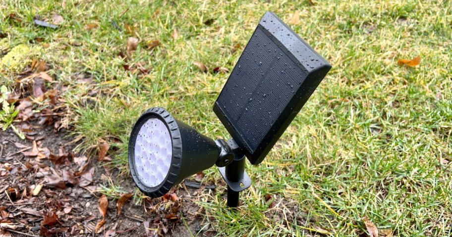black solar spotlight on a stake in the ground outside