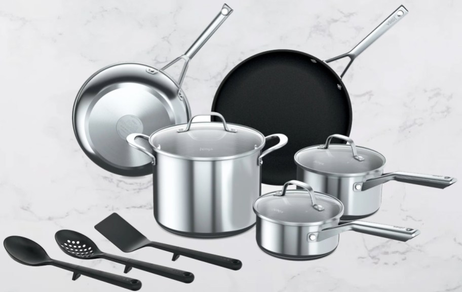 stainless steel cookware set with set of plastic utensils