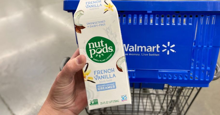 Nutpods Coffee Creamer carton in front of walmart basket