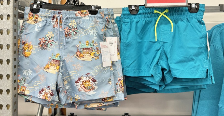 boys swim trunks on display in store