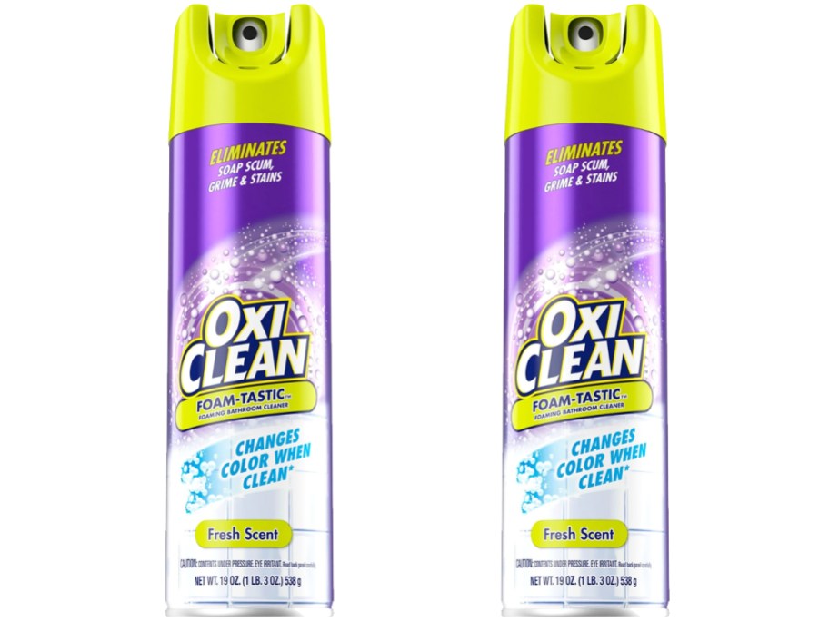 two purple and green cans of Oxi Clean Foam-Tastic Foaming Bathroom Cleaner Spray