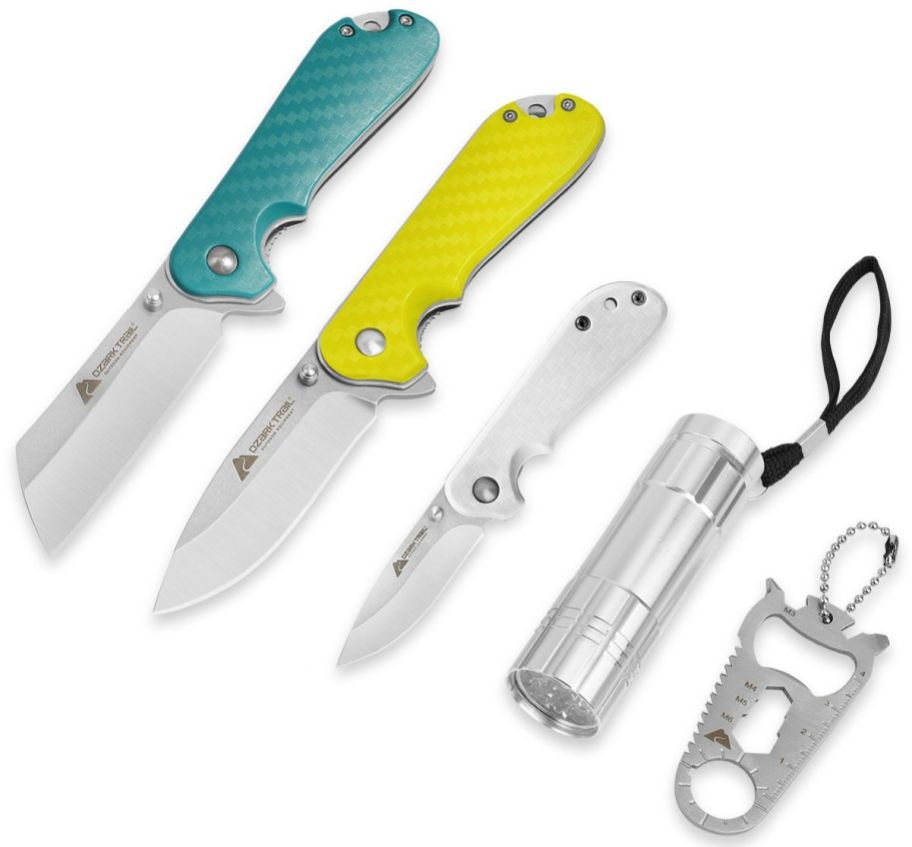 3 folding pocket knives shown with a steel multi tool and a mini led flashlight