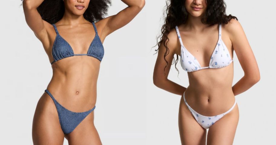 two models wearing PINK brand string bikini separates
