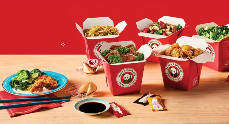 Panda Express family meal with all items and sauces displayed