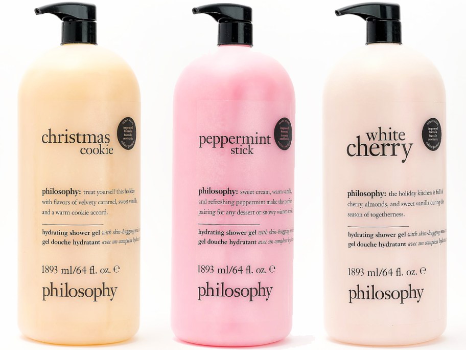 philosophy shower gels in christmas cookie, peppermint stick, and white cherry scents