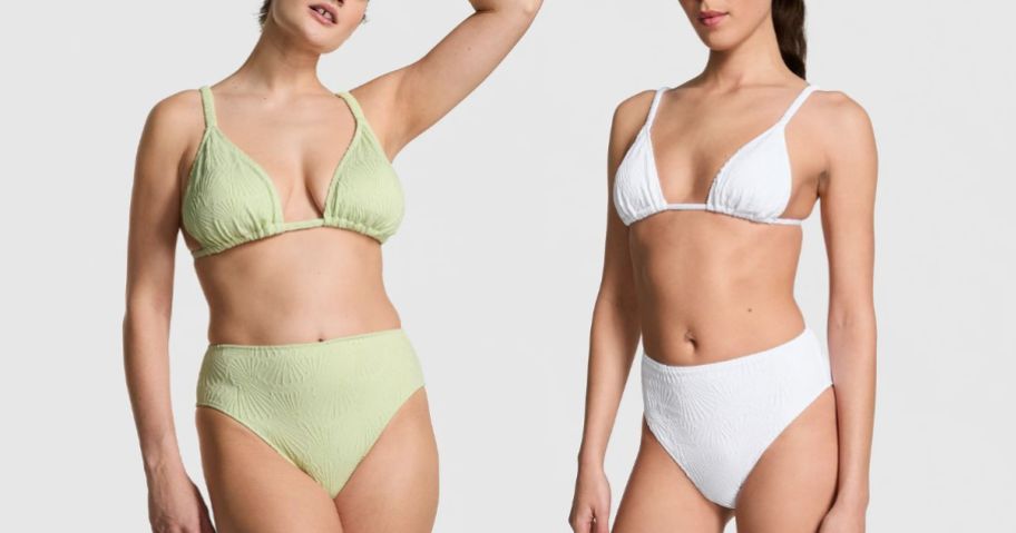 Two models wearing PINK brand scrunchie bikini separates