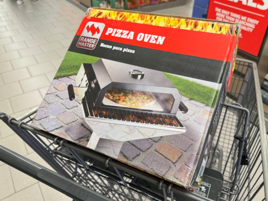 Pizza oven topper inside of ALDIS shopping cart