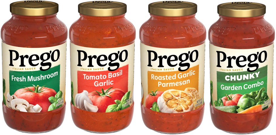 4 jars of prego pasta sauces in various flavors