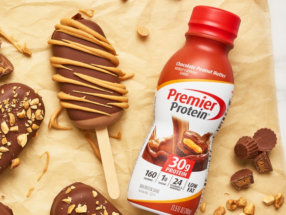 bottle of Premier Protein near chocolate ice cream bar