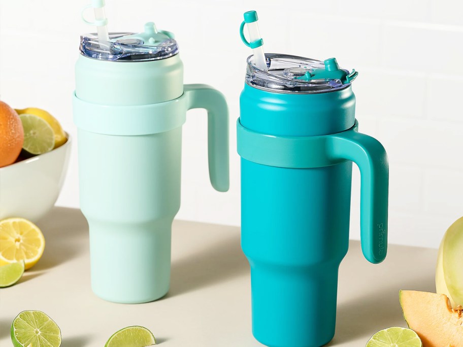 light green and teal 40oz tumblers on kitchen counter