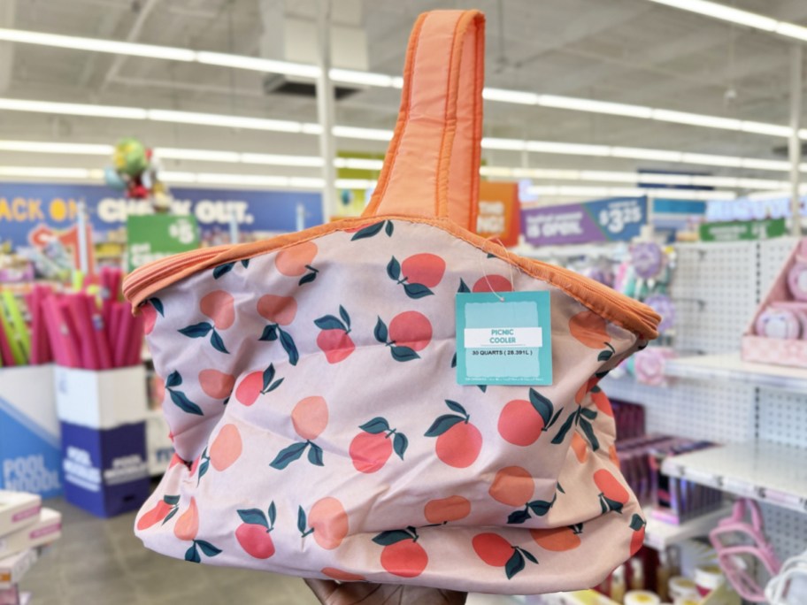 hand holding up peach print cooler bag