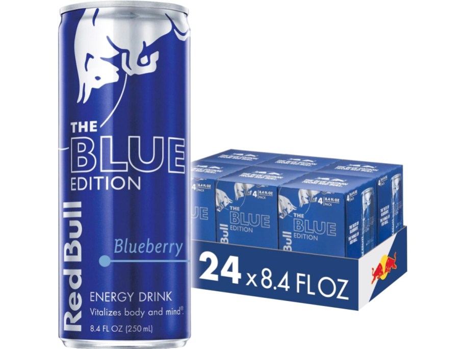 case of Red Bull Blue Edition Blueberry Energy Drinks with large can in front of it
