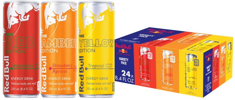 red, orange, and yellow cans of red bull