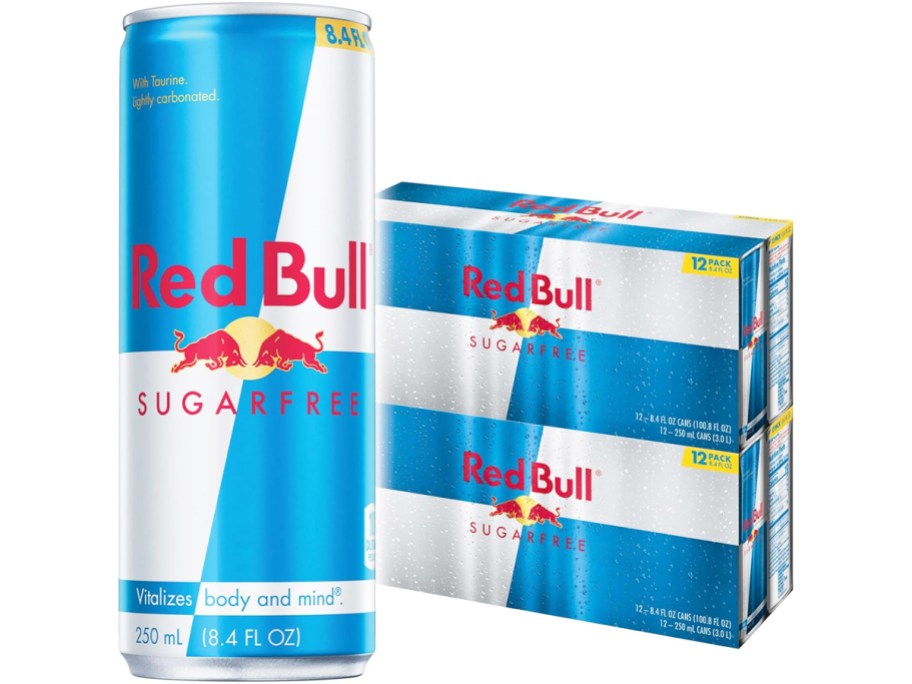 two boxes of Red Bull Sugar-Free Energy Drinks with large can in front of them