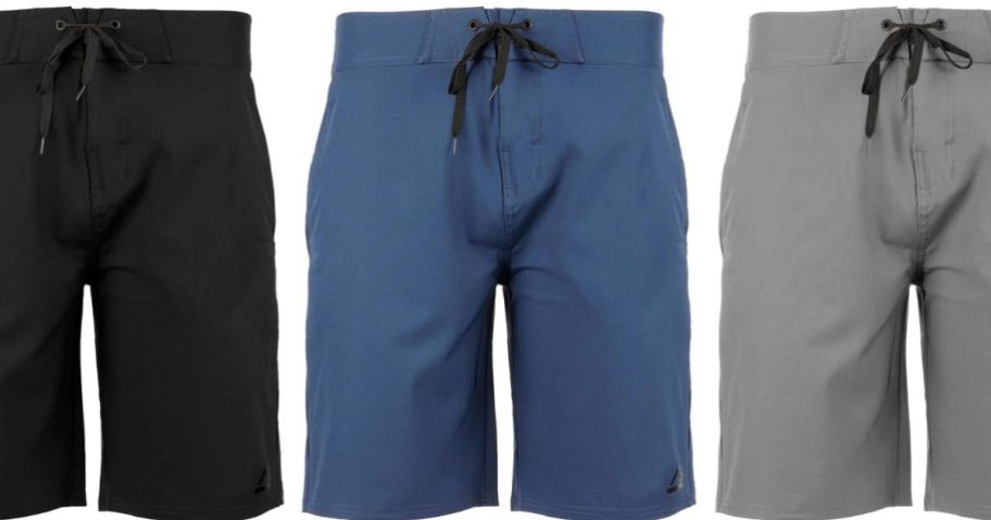 stock images of 3 pairs of reef men's board shorts in different colors