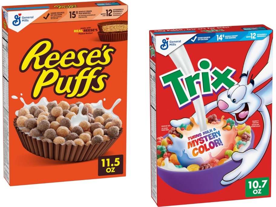 reese's puffs and trix cereal boxes