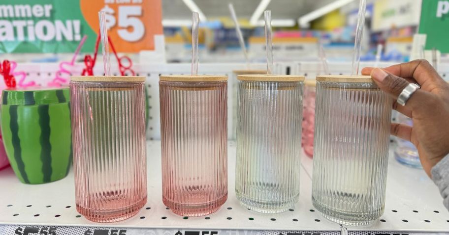 Ribbed Glass 20oz Tumblers With Bamboo Lids in store on shelf