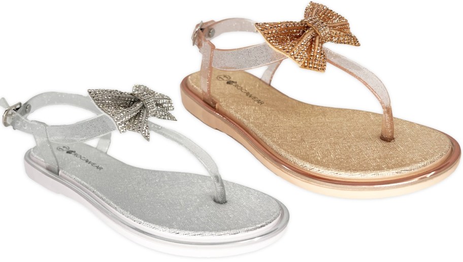 silver and gold sandals with rhinestone bows