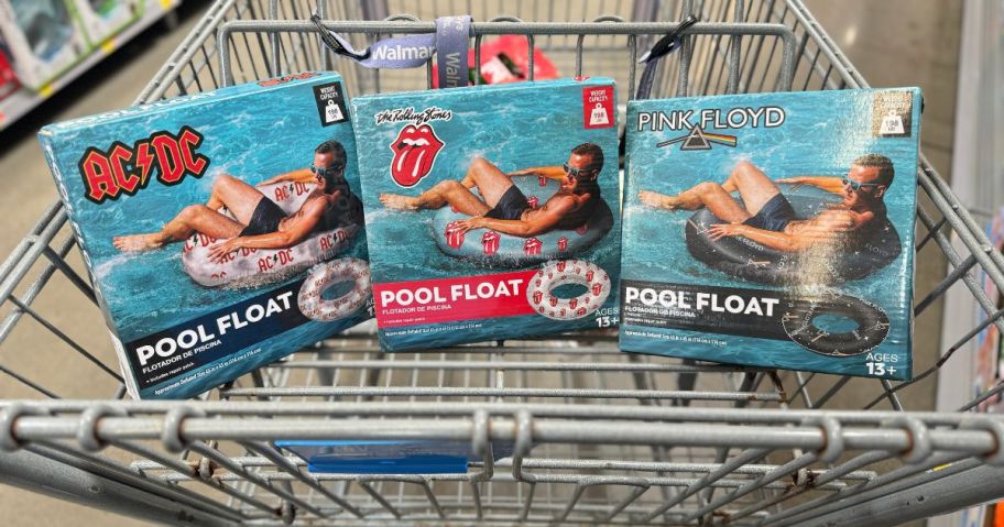3 Rock Band Inflatable Swim Tubes in a cart at Walmart