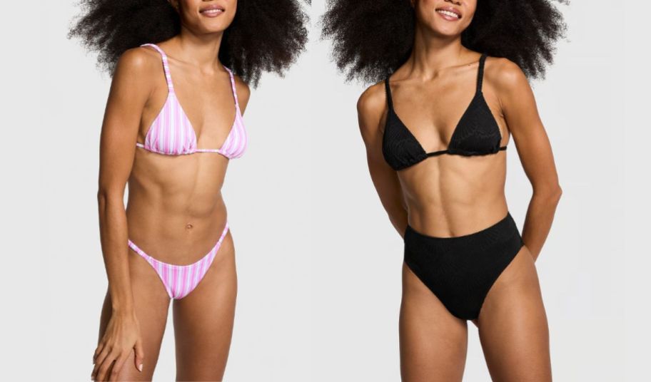two models wearing vs pink swim tops and bottoms
