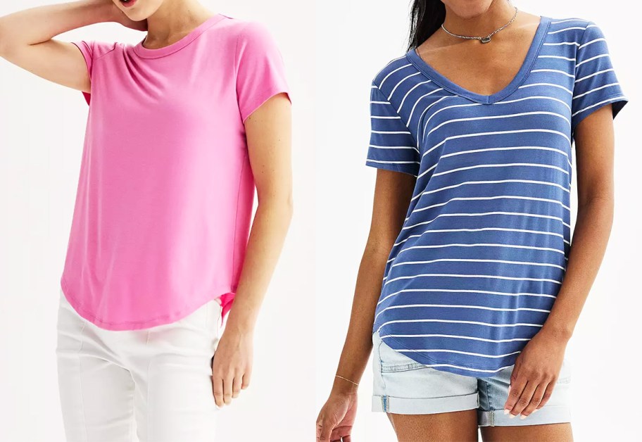 two women in pink and blue short sleeve tops