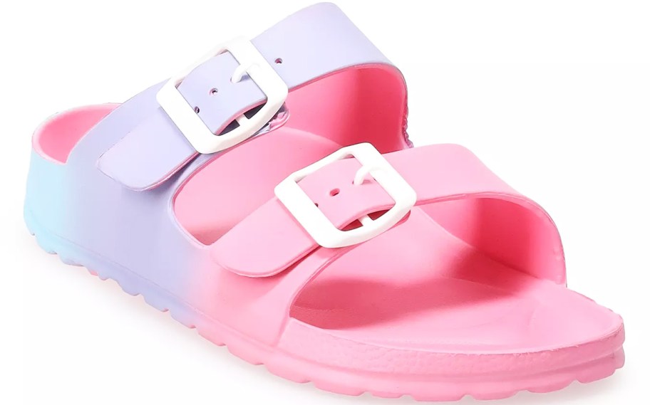 pink, purple, and blue ombre double buckle sandal