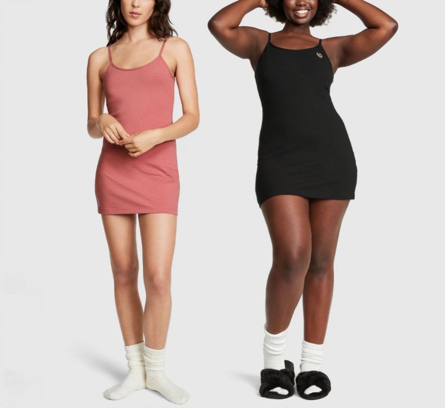 two model wearing cami sleep dresses