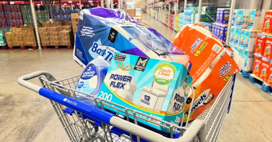 sam's club shopping cart full of household and paper products