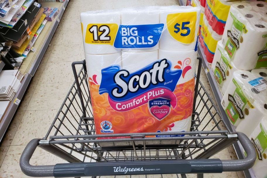 a twelve pack of scott comfort plus toilet paper on in a shopping cart