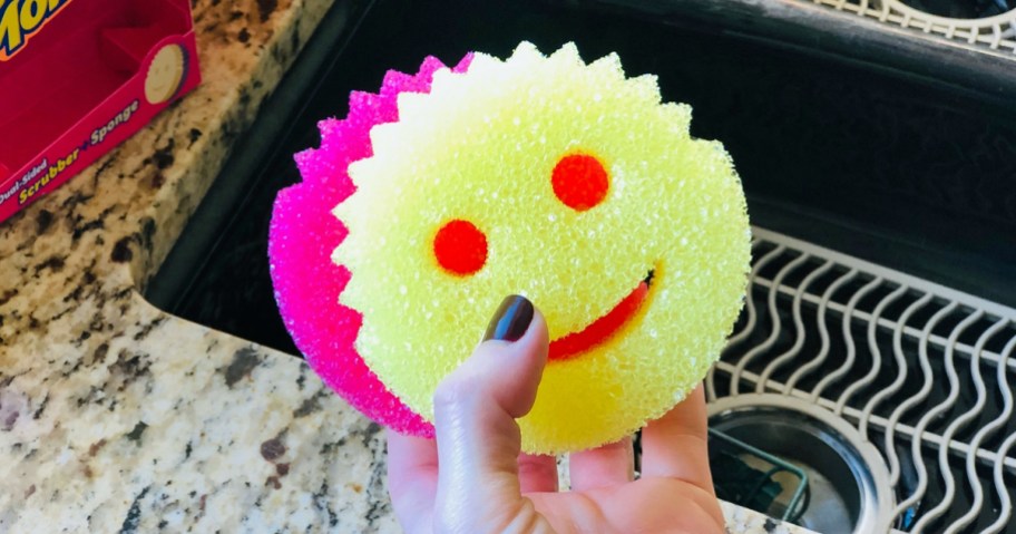 hand holding yellow and pink scrub daddy sponges by sink