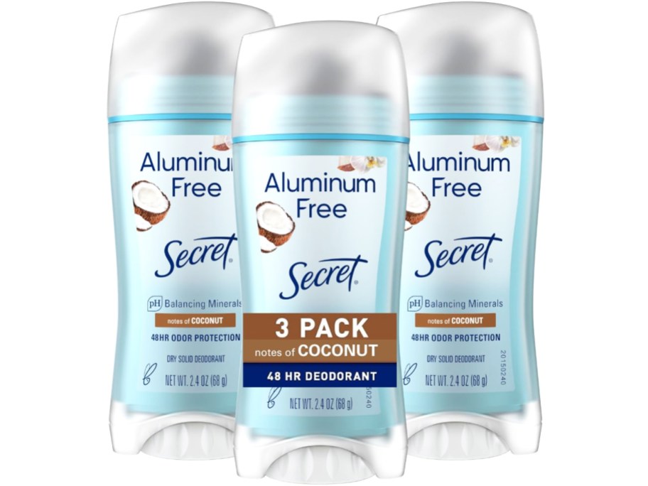 3 sticks of Secret Aluminum Free Deodorant in Coconut scent